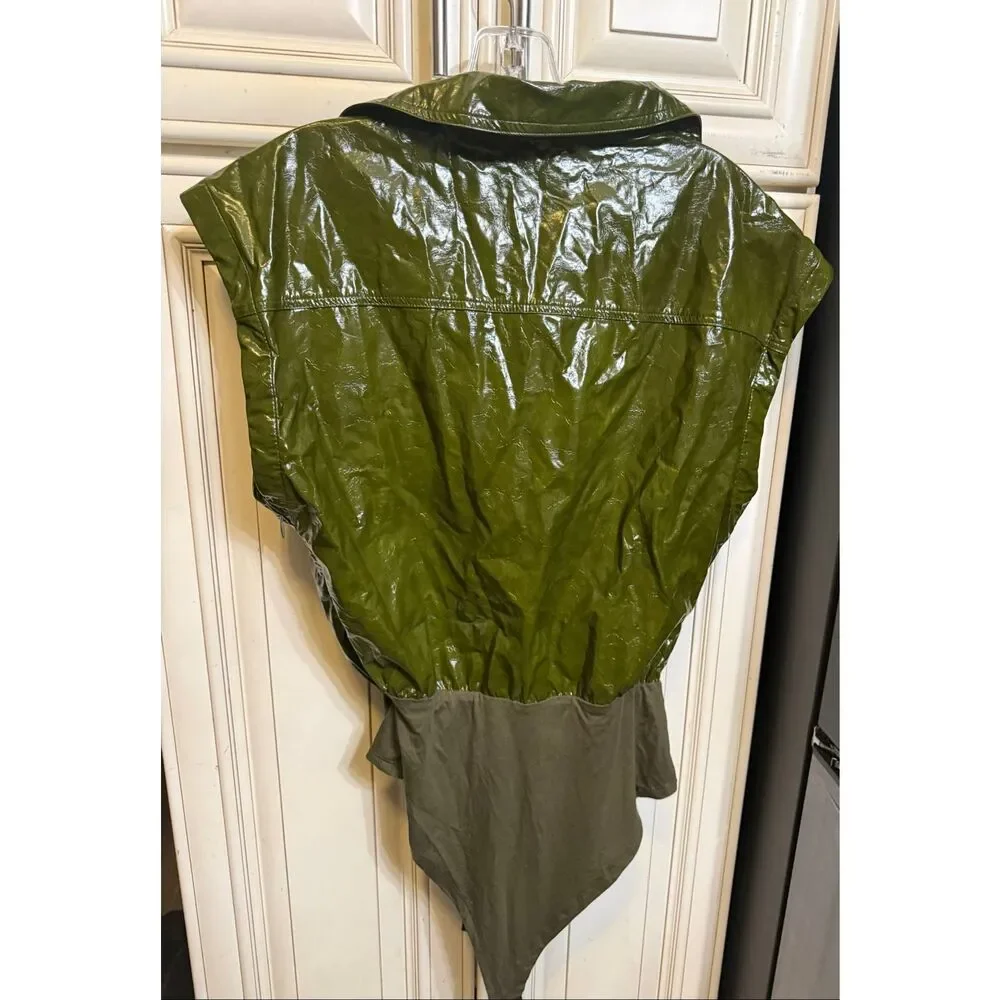 Micas Women's Faux Leather Button Patchwork Tank Sleeveless Bodysuit Olive Large - Picture 11 of 11